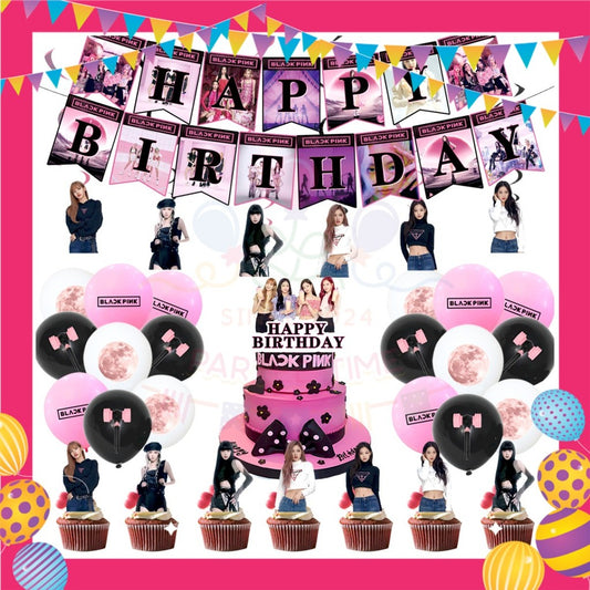 ParteeTime Black Pink Birthday Theme Decorations Kids Birthday Balloon Banner Hang Swirl Backdrop Tablecloth Cake Topper