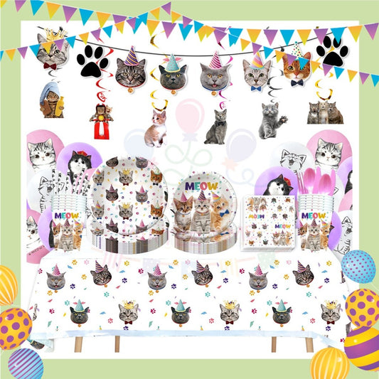 ParteeTime Cat Party Birthday Theme Decorations Kids Birthday Balloon Banner Hang Swirl Backdrop Tablecloth Cake Topper