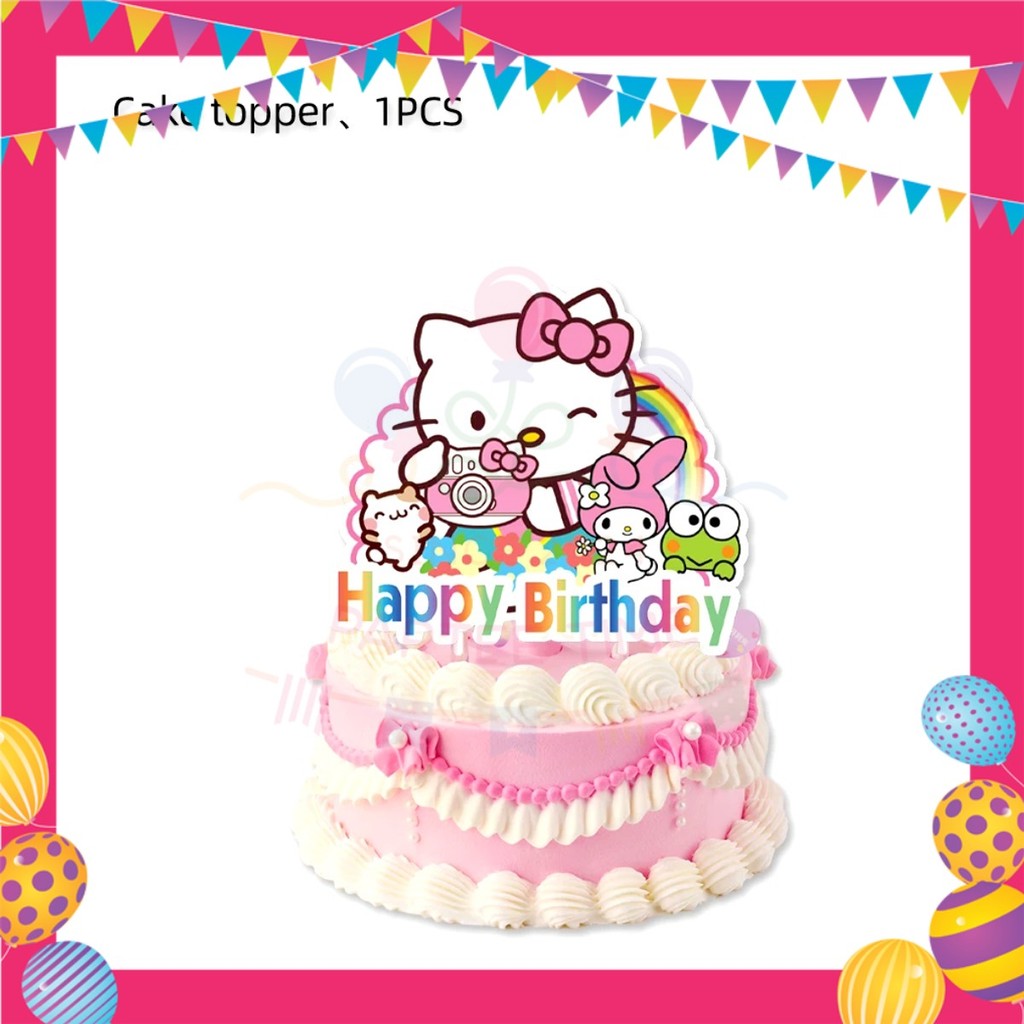 ParteeTime Kids Hello Kitty Birthday Theme Decorations Kids Birthday Balloon Banner Hang Swirl Backdrop Tablecloth
