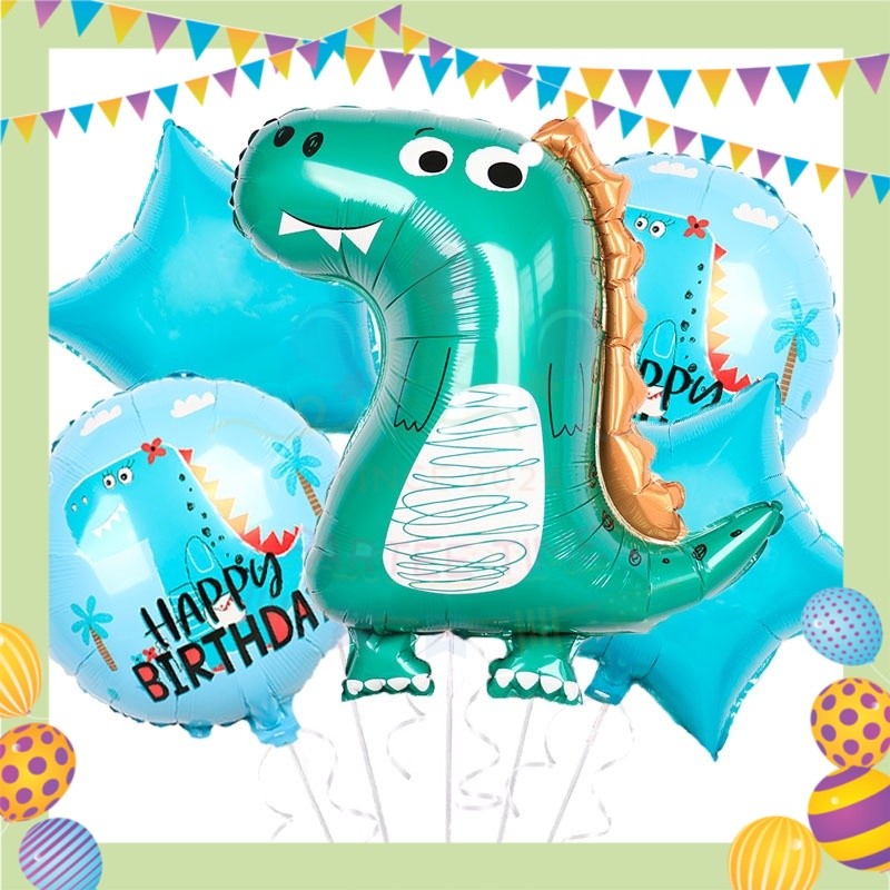 ParteeTime Kids Birthday Party Celebration Decoration Set Dinosaur 4 in 1 Banner Balloon Cake Cupcake Topper Hang
