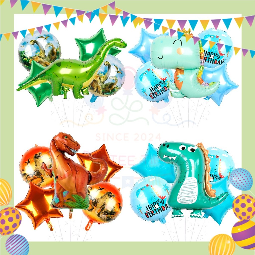ParteeTime Kids Birthday Party Celebration Decoration Set Dinosaur 4 in 1 Banner Balloon Cake Cupcake Topper Hang