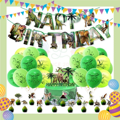 ParteeTime Kids Birthday Party Celebration Decoration Set Dinosaur 4 in 1 Banner Balloon Cake Cupcake Topper Hang