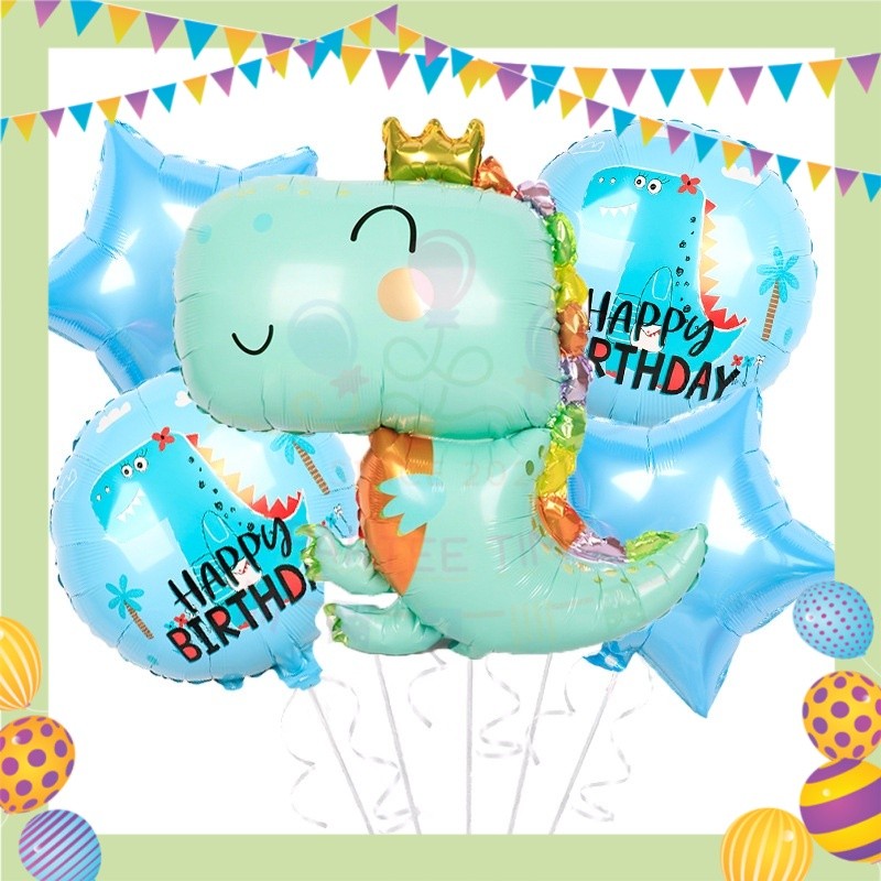 ParteeTime Kids Birthday Party Celebration Decoration Set Dinosaur 4 in 1 Banner Balloon Cake Cupcake Topper Hang