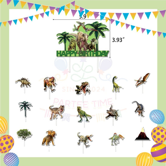 ParteeTime Kids Birthday Party Celebration Decoration Set Dinosaur 4 in 1 Banner Balloon Cake Cupcake Topper Hang