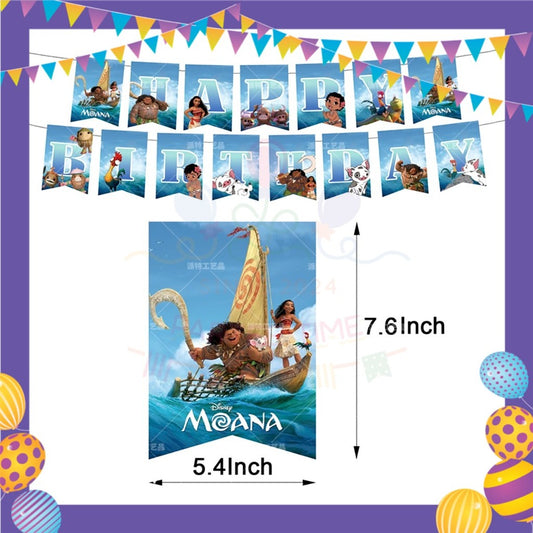 ParteeTime Kids Birthday Party Celebration Decoration Set Moana 4 in 1 Banner Balloon Cake Cupcake Topper Hang