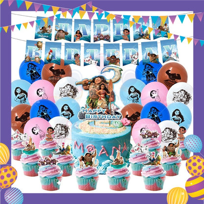 ParteeTime Kids Birthday Party Celebration Decoration Set Moana 4 in 1 Banner Balloon Cake Cupcake Topper Hang