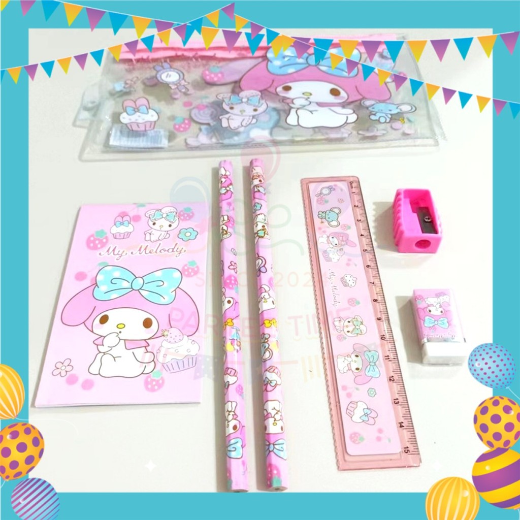 ParteeTime Kids Gifts Cartoon 7 in 1 Stationery Set Sanrio Kuromi My Melody My Little Pony Princess Birthday Door gift