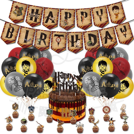 ParteeTime Kid Birthday Party Celebration Decoration Set Harry 4 in 1 Banner Balloon Cake Cupcake Topper Parti Hari Jadi