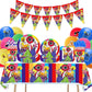 ParteeTime Kids Rainbow & Friends Theme Decorations Birthday Balloon Banner Hang Swirls Backdrop Tablecloth CakeTopper
