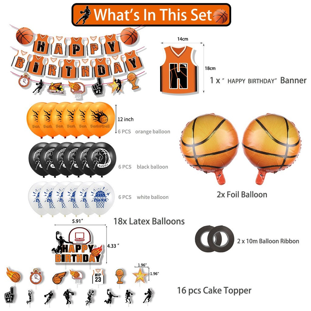 ParteeTime Kids Birthday Party Celebration Decoration Set NBA 4 in 1 Banner Balloon Cake Cupcake Topper Hari Jadi