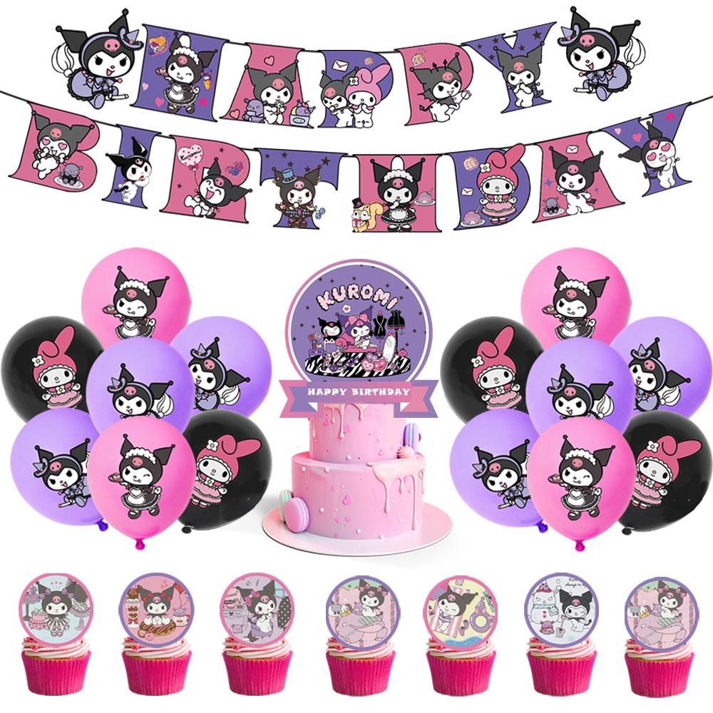 ParteeTime Kids Kuromi Birthday Theme Decorations Birthday Party Supplies Banners Backdrop Set Budak Hari Jadi Hiasan