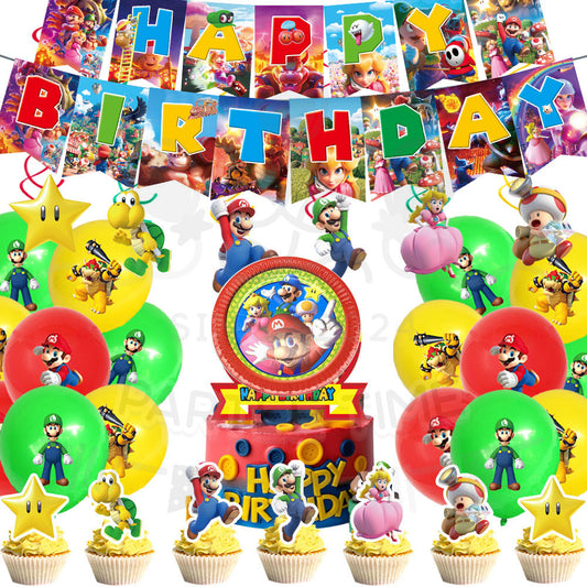 ParteeTime Kids Mario Birthday Theme Decorations Party Balloon Banners Hang Swirls Backdrop Tablecloth Cake Topper