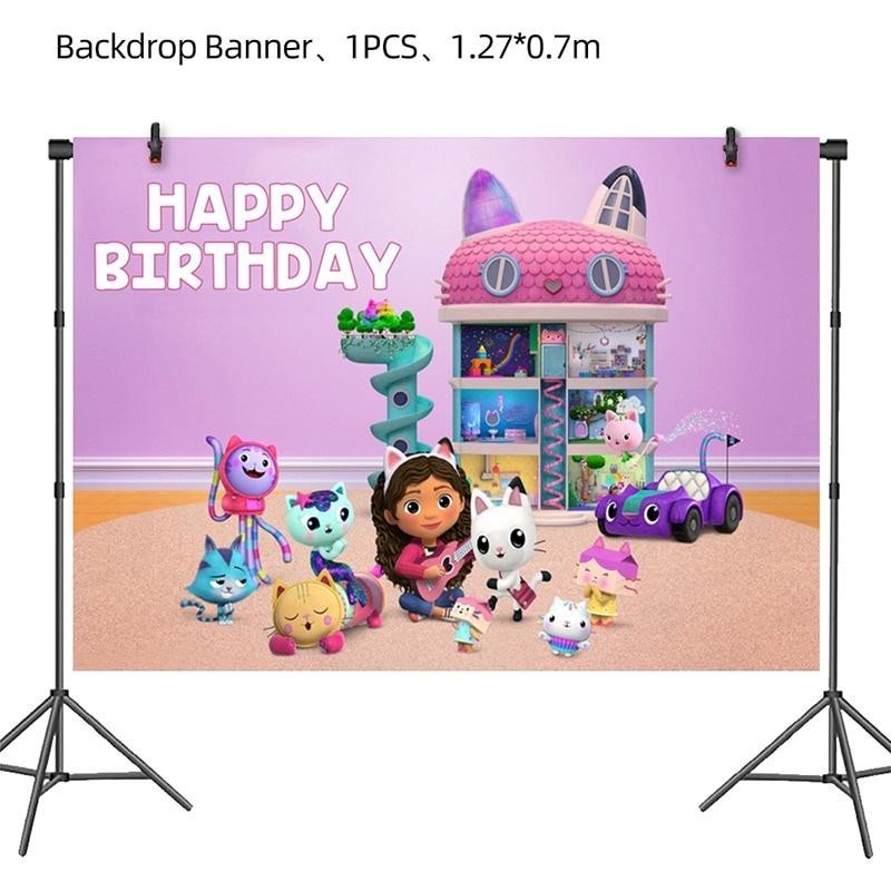 ParteeTime Kids Graby Doll House Theme Decoration Birthday Party Banner Hang Swirl Backdrop Tablecloth Cake Topper