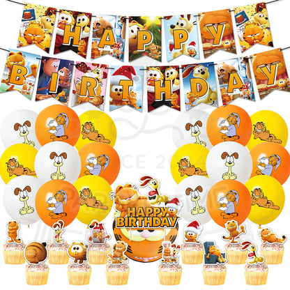 ParteeTime Kids Birthday Party Celebration Decoration Set Garfield 4 in 1 Banner Balloon Cake Cupcake Topper Hari Jadi