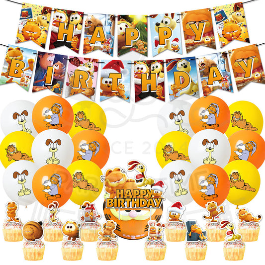 ParteeTime Kids Birthday Party Celebration Decoration Set Garfield 4 in 1 Banner Balloon Cake Cupcake Topper Hari Jadi