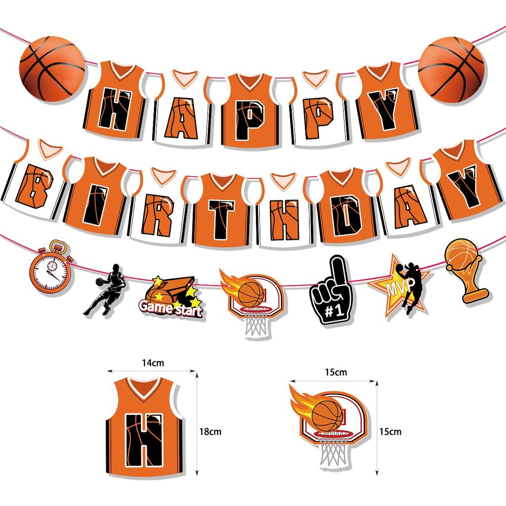ParteeTime Kids Birthday Party Celebration Decoration Set NBA 4 in 1 Banner Balloon Cake Cupcake Topper Hari Jadi