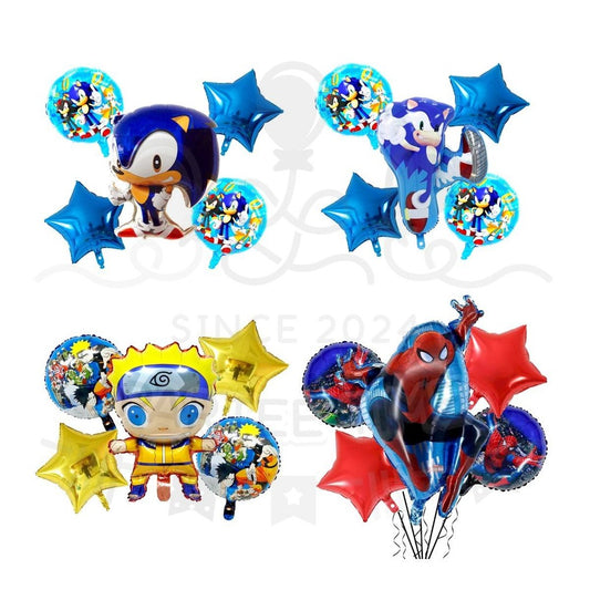 ParteeTime Kids Sonic Spiderman Naruto Birthday Party Decoration 5pcs Set Foil Balloon Set Belon Hari Jadi Kanak-Kanak