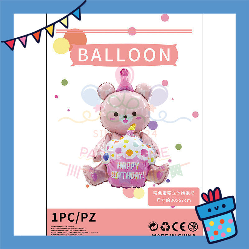 ParteeTime Kids 4D Sitting Teddy Bear Hugging Cake Themed Foil Balloon Birthday Party Decoration