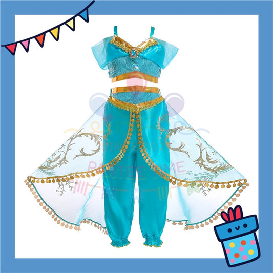 ParteeTime Kids Girl Princess Jasmine Set Top And Pants With Necklace Headband Wig Cosplay Costumes Fancy