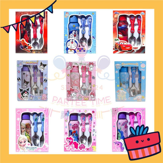 ParteeTime Kids Gifts Box Set Cute Cartoon Stainless Steel Spoon Fork Tableware Set With Water Bottle BPA FREE 350ml