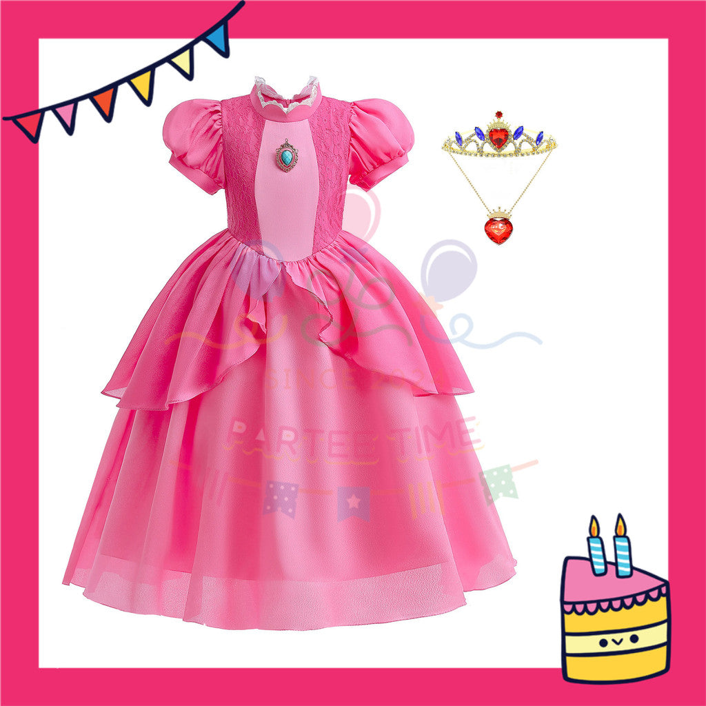 ParteeTime Kids Girl Mario Princess Peach Cosplay Costumes Fancy Birthday Party Themed Events
