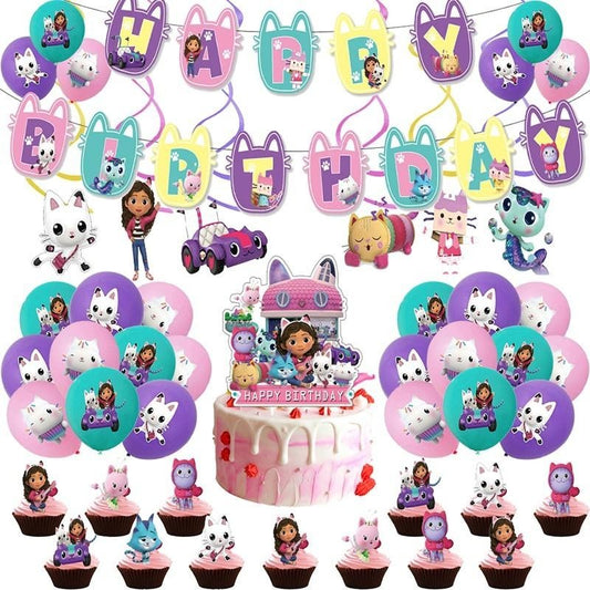 ParteeTime Kids Graby Doll House Theme Decoration Birthday Party Banner Hang Swirl Backdrop Tablecloth Cake Topper