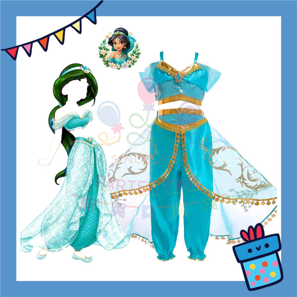 ParteeTime Kids Girl Princess Jasmine Set Top And Pants With Necklace Headband Wig Cosplay Costumes Fancy