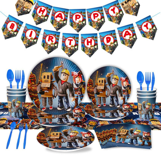 ParteeTime Kids Roblox Birthday Theme Decorations Party Balloon Banners Hang Swirls Backdrop Tablecloth Cake Topper
