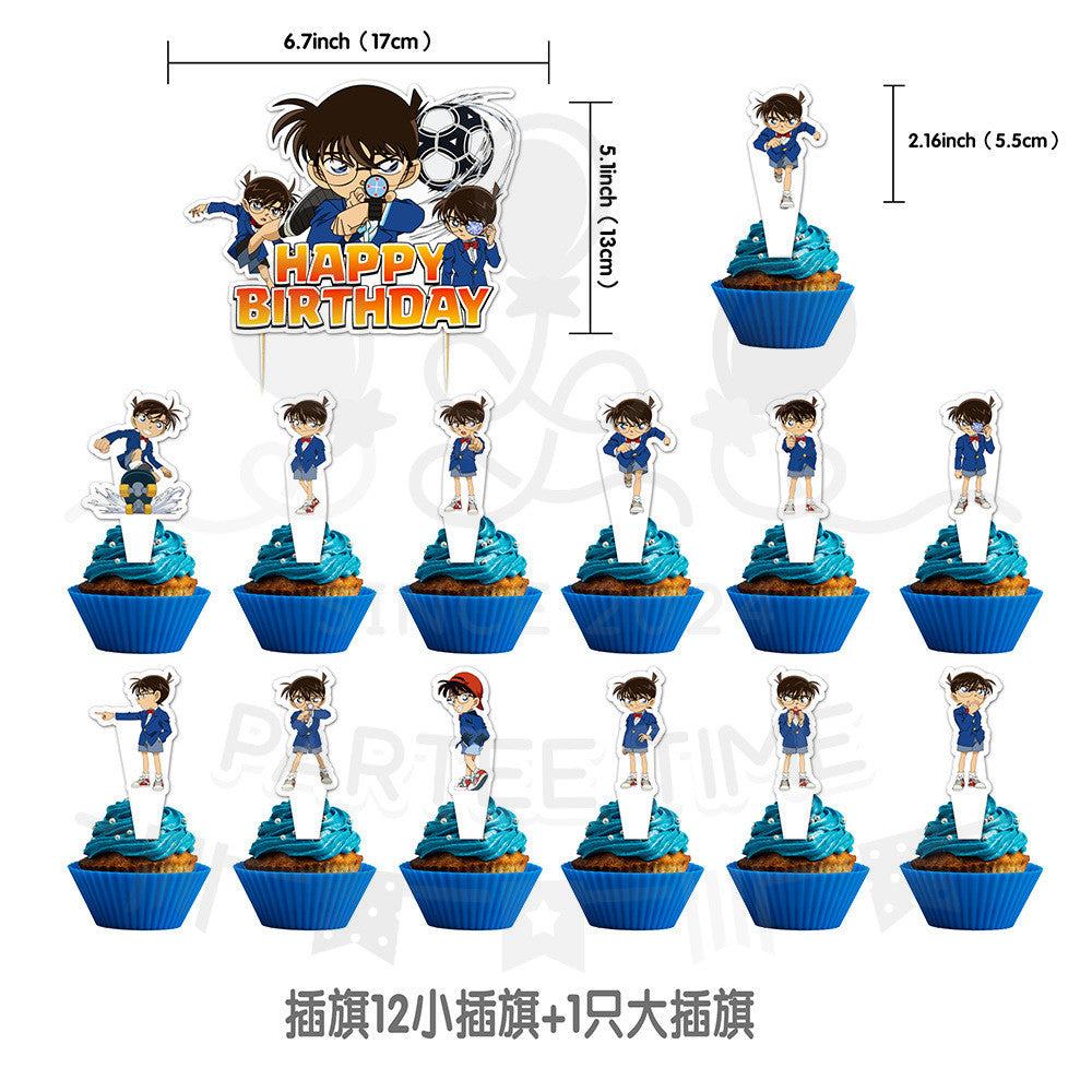 ParteeTime Kids Birthday Party Celebration Decoration Set Conan 4 in 1 Banner Balloon Cake Cupcake Topper Hari Jadi
