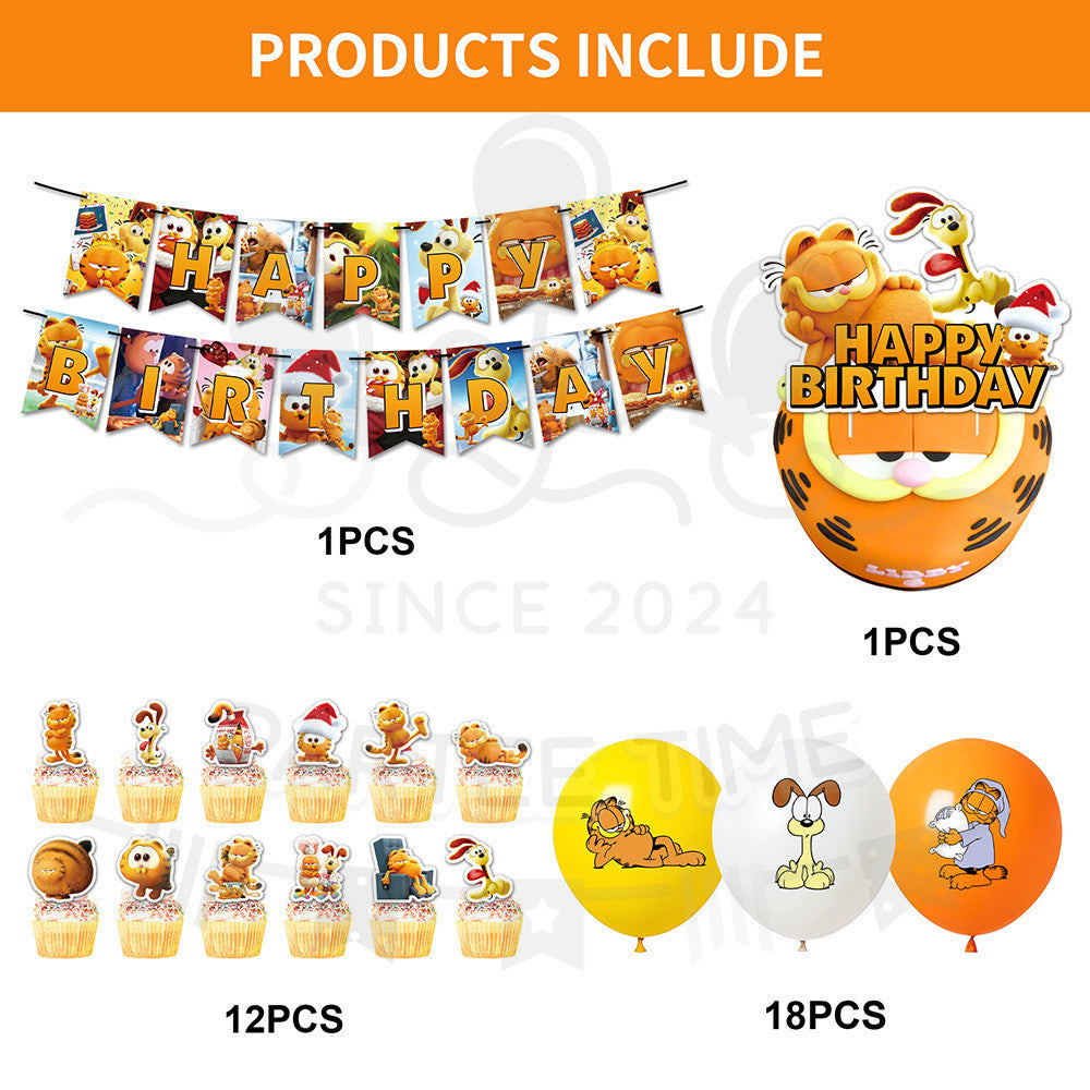 ParteeTime Kids Birthday Party Celebration Decoration Set Garfield 4 in 1 Banner Balloon Cake Cupcake Topper Hari Jadi