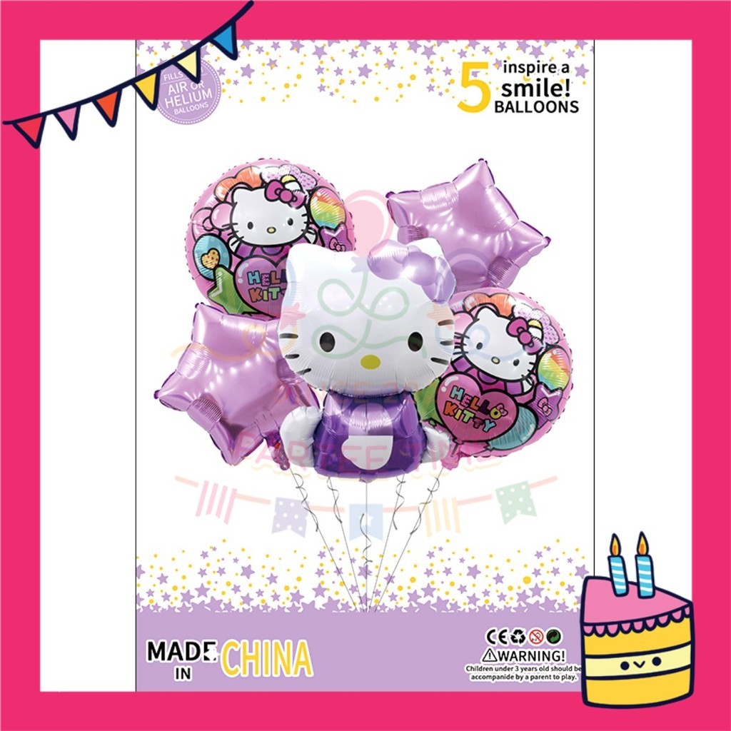 ParteeTime Kids Cartoon Hello Kitty Set Birthday Party Decoration 5pcs Set Foil Balloon Set Belon Hari Jadi Kanak-Kanak