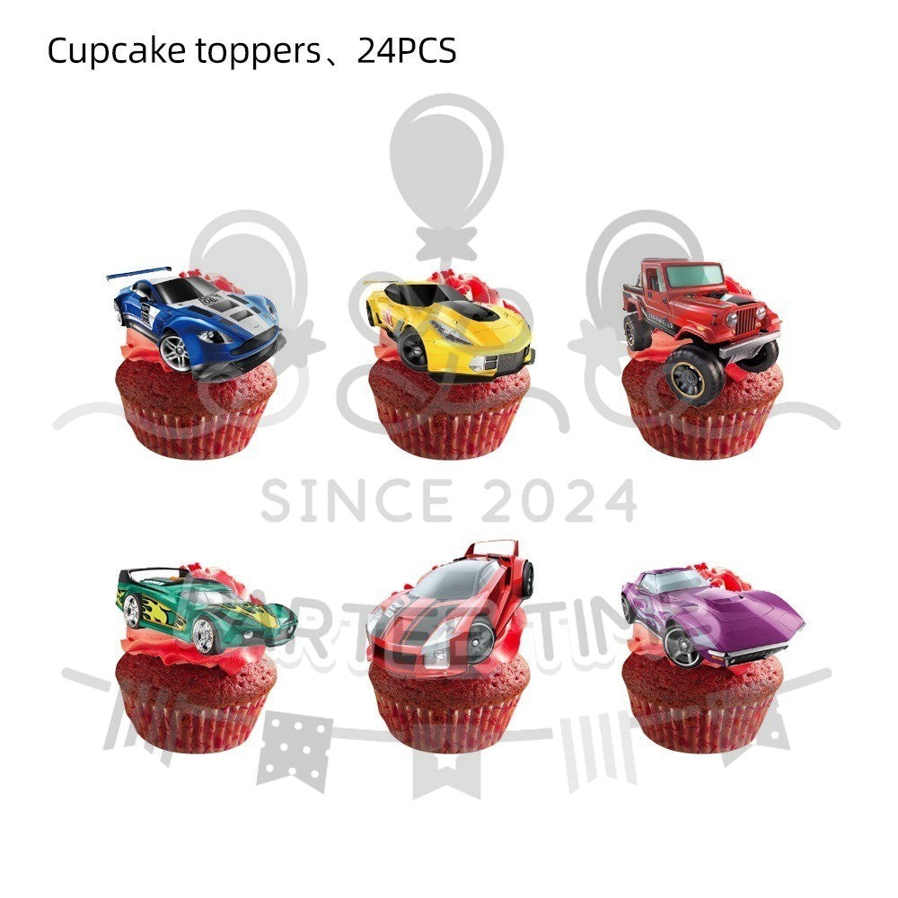 ParteeTime Kids Hot Wheels Birthday Theme Decorations Party Balloon Banners Hang Swirls Backdrop Tablecloth Cake Topper