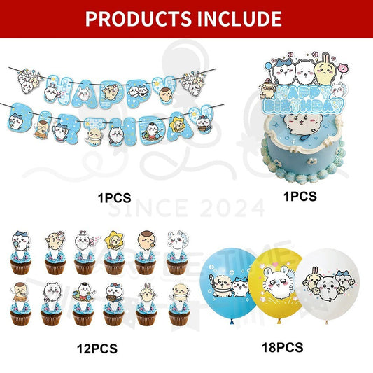 ParteeTime Kids Birthday Party Celebration Decoration Set Chiikawa 4 in 1 Banner Balloon Cake Cupcake Topper