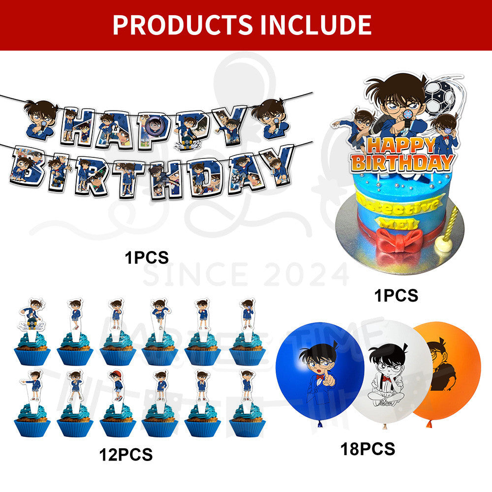 ParteeTime Kids Birthday Party Celebration Decoration Set Conan 4 in 1 Banner Balloon Cake Cupcake Topper Hari Jadi