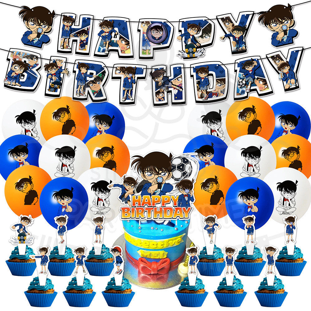 ParteeTime Kids Birthday Party Celebration Decoration Set Conan 4 in 1 Banner Balloon Cake Cupcake Topper Hari Jadi
