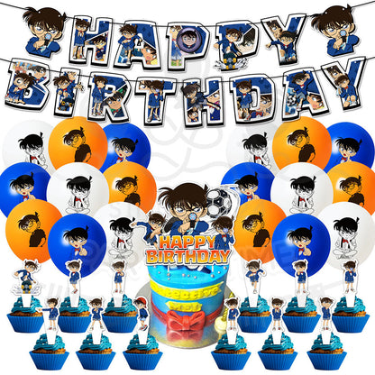 ParteeTime Kids Birthday Party Celebration Decoration Set Conan 4 in 1 Banner Balloon Cake Cupcake Topper Hari Jadi