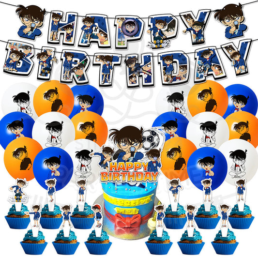 ParteeTime Kids Birthday Party Celebration Decoration Set Conan 4 in 1 Banner Balloon Cake Cupcake Topper Hari Jadi