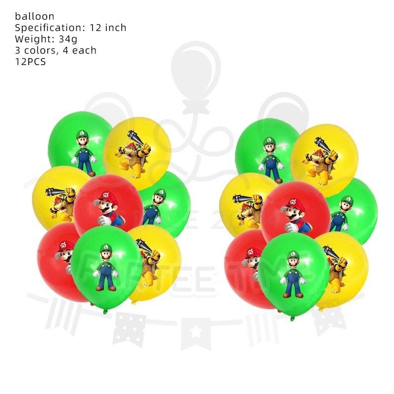 ParteeTime Kids Mario Birthday Theme Decorations Party Balloon Banners Hang Swirls Backdrop Tablecloth Cake Topper