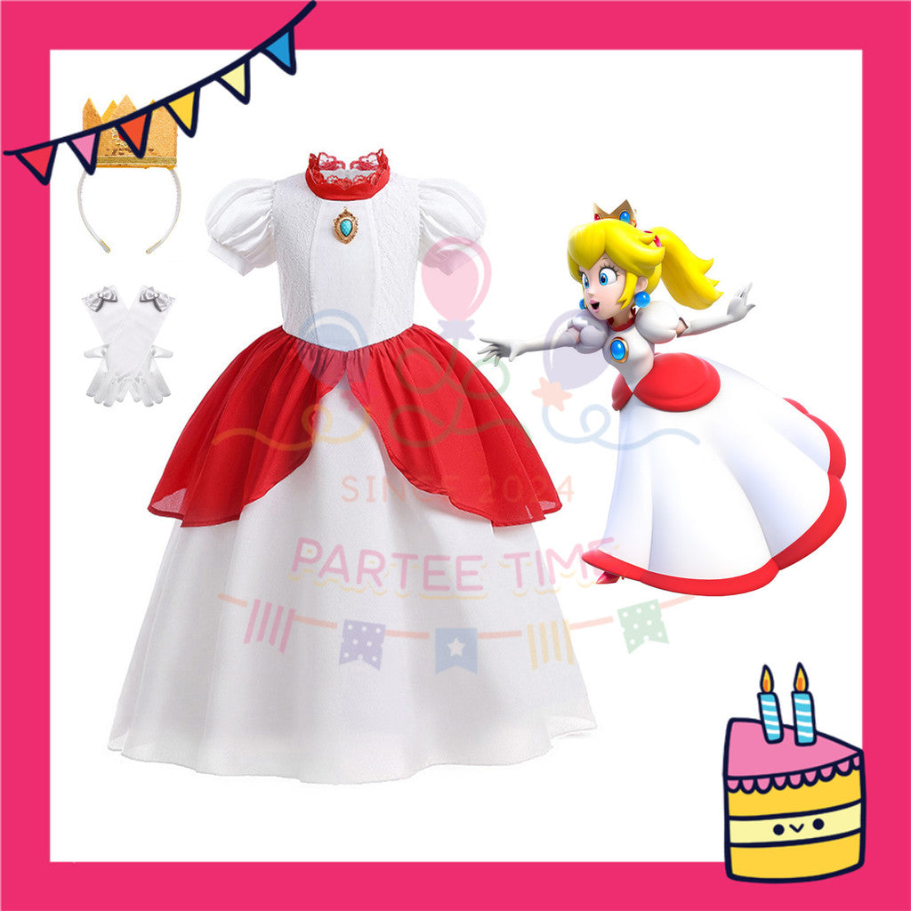 ParteeTime Kids Girl Mario Princess Peach Cosplay Costumes Fancy Birthday Party Themed Events