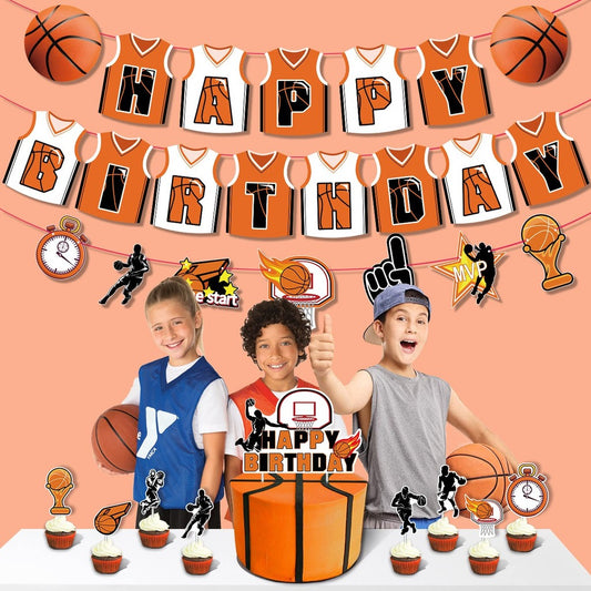 ParteeTime Kids Birthday Party Celebration Decoration Set NBA 4 in 1 Banner Balloon Cake Cupcake Topper Hari Jadi