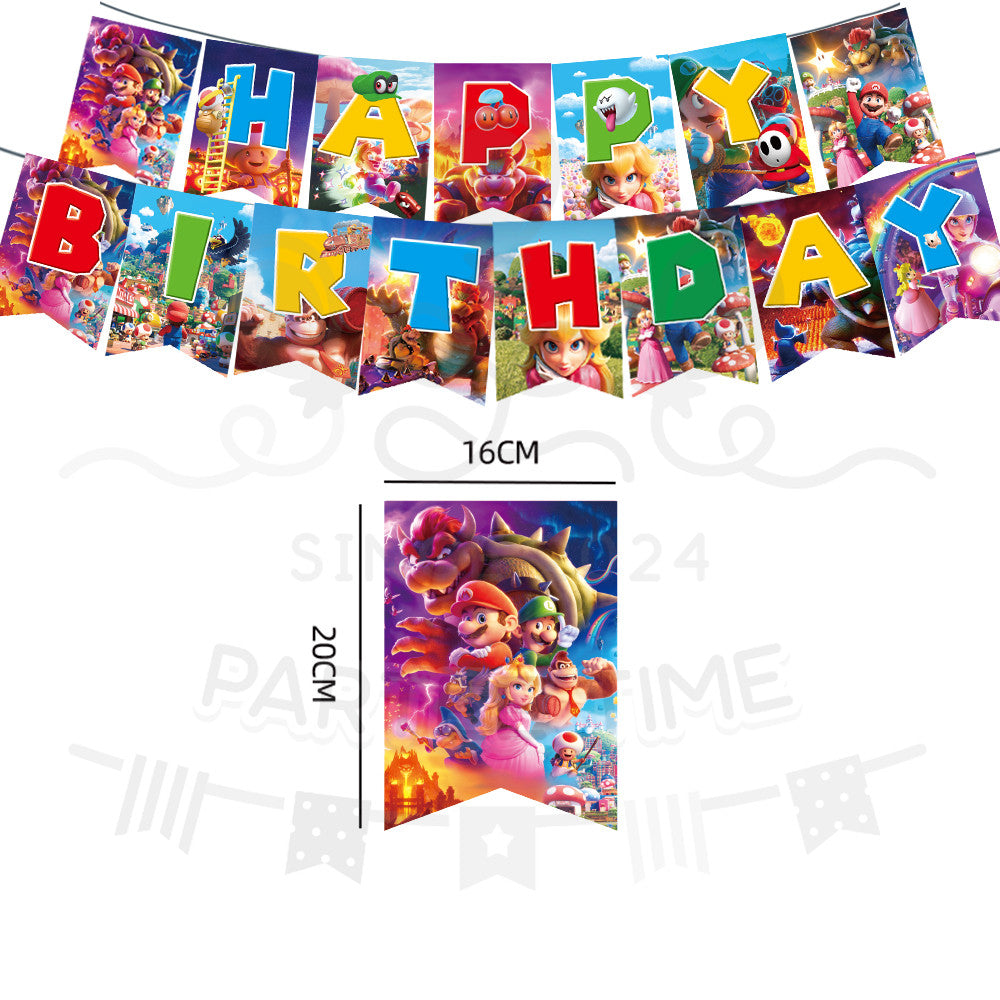 ParteeTime Kids Mario Birthday Theme Decorations Party Balloon Banners Hang Swirls Backdrop Tablecloth Cake Topper
