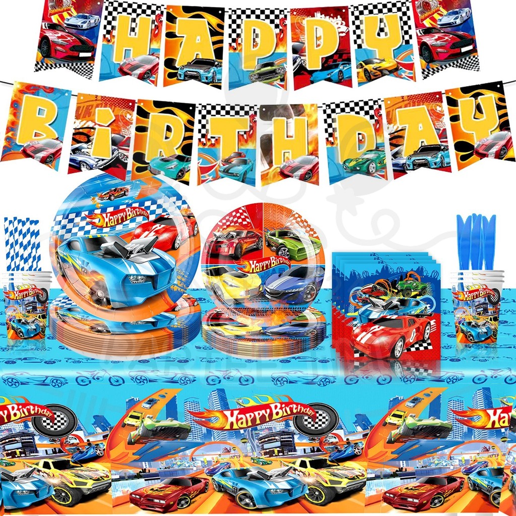 ParteeTime Kids Hot Wheels Birthday Theme Decorations Party Balloon Banners Hang Swirls Backdrop Tablecloth Cake Topper