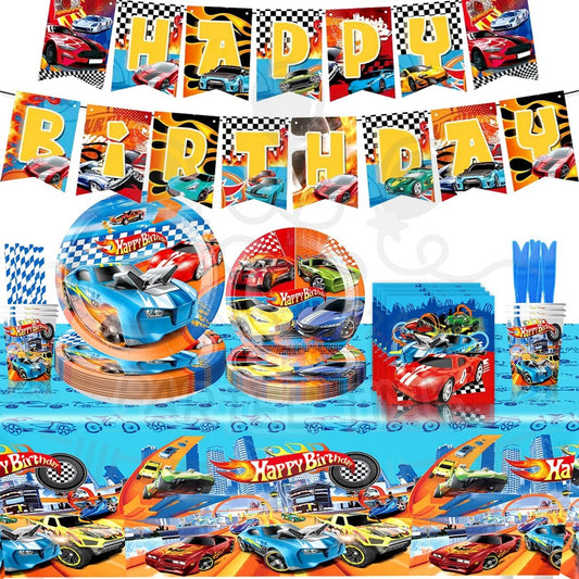 ParteeTime Kids Hot Wheels Birthday Theme Decorations Party Balloon Banners Hang Swirls Backdrop Tablecloth Cake Topper