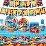 ParteeTime Kids Hot Wheels Birthday Theme Decorations Party Balloon Banners Hang Swirls Backdrop Tablecloth Cake Topper