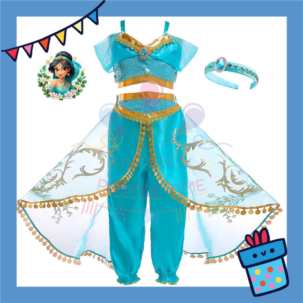 ParteeTime Kids Girl Princess Jasmine Set Top And Pants With Necklace Headband Wig Cosplay Costumes Fancy