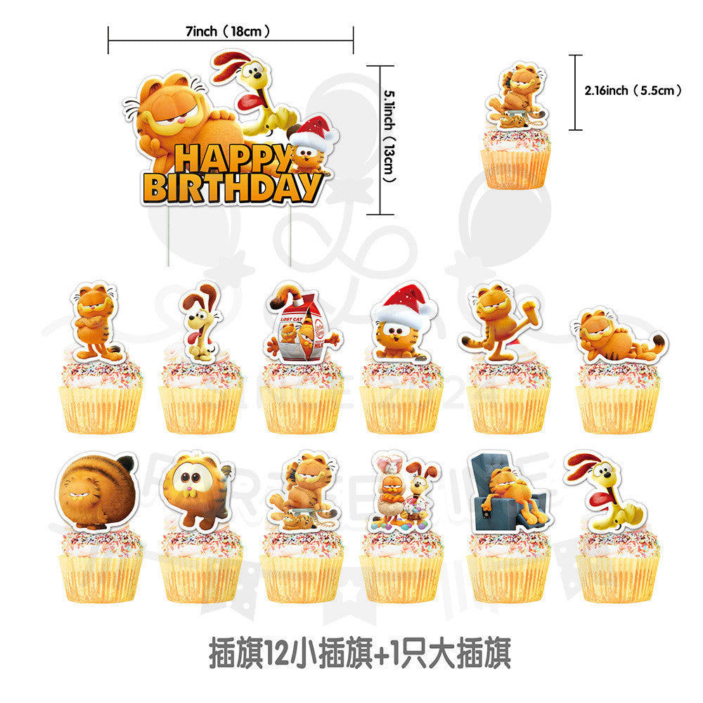 ParteeTime Kids Birthday Party Celebration Decoration Set Garfield 4 in 1 Banner Balloon Cake Cupcake Topper Hari Jadi