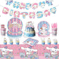 ParteeTime Kids Cinnamoroll Theme Decorations Birthday Party Balloon Banners Hang Swirls Backdrop Tablecloth Cake Topper