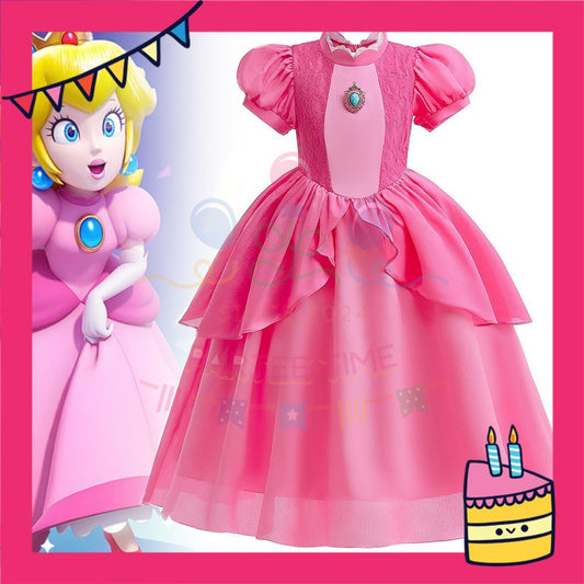 ParteeTime Kids Girl Mario Princess Peach Cosplay Costumes Fancy Birthday Party Themed Events