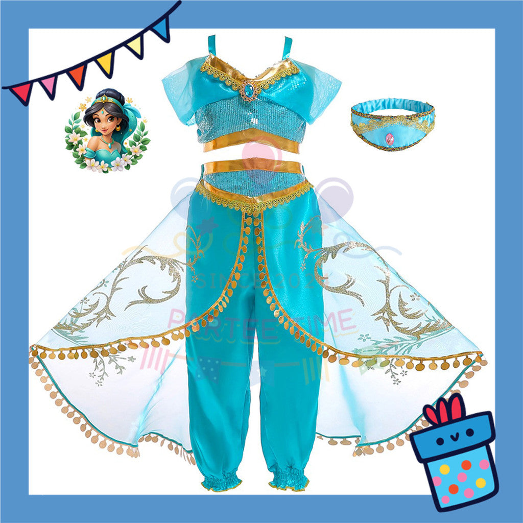 ParteeTime Kids Girl Princess Jasmine Set Top And Pants With Necklace Headband Wig Cosplay Costumes Fancy