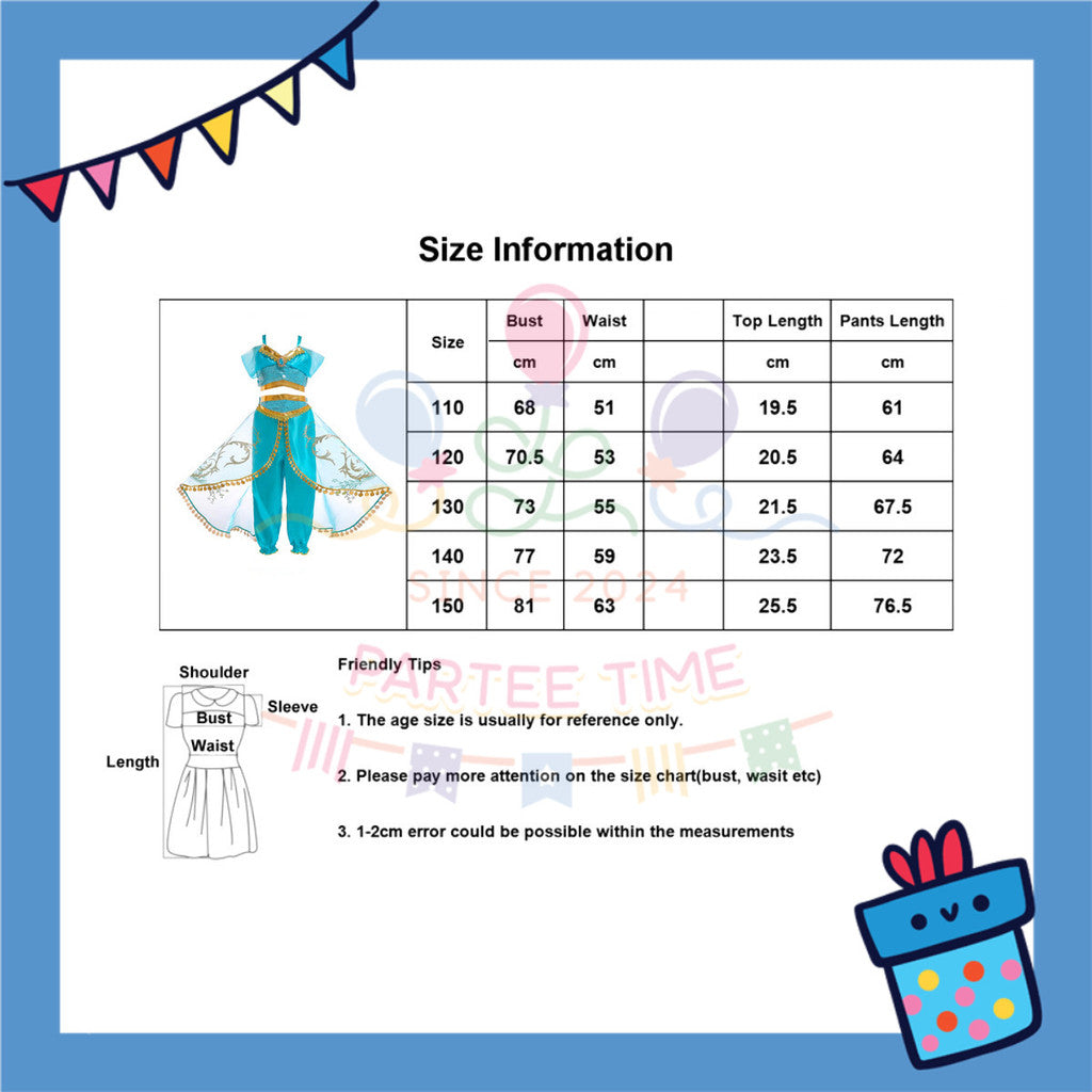ParteeTime Kids Girl Princess Jasmine Set Top And Pants With Necklace Headband Wig Cosplay Costumes Fancy